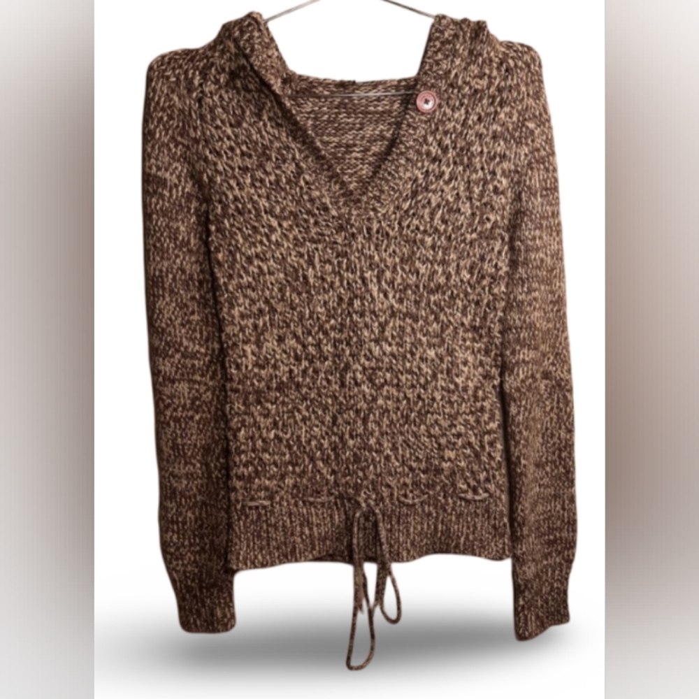 Rip Curl Brown Knitted V Neck Hoodie Sweater With Drawstring Waist. Size Small